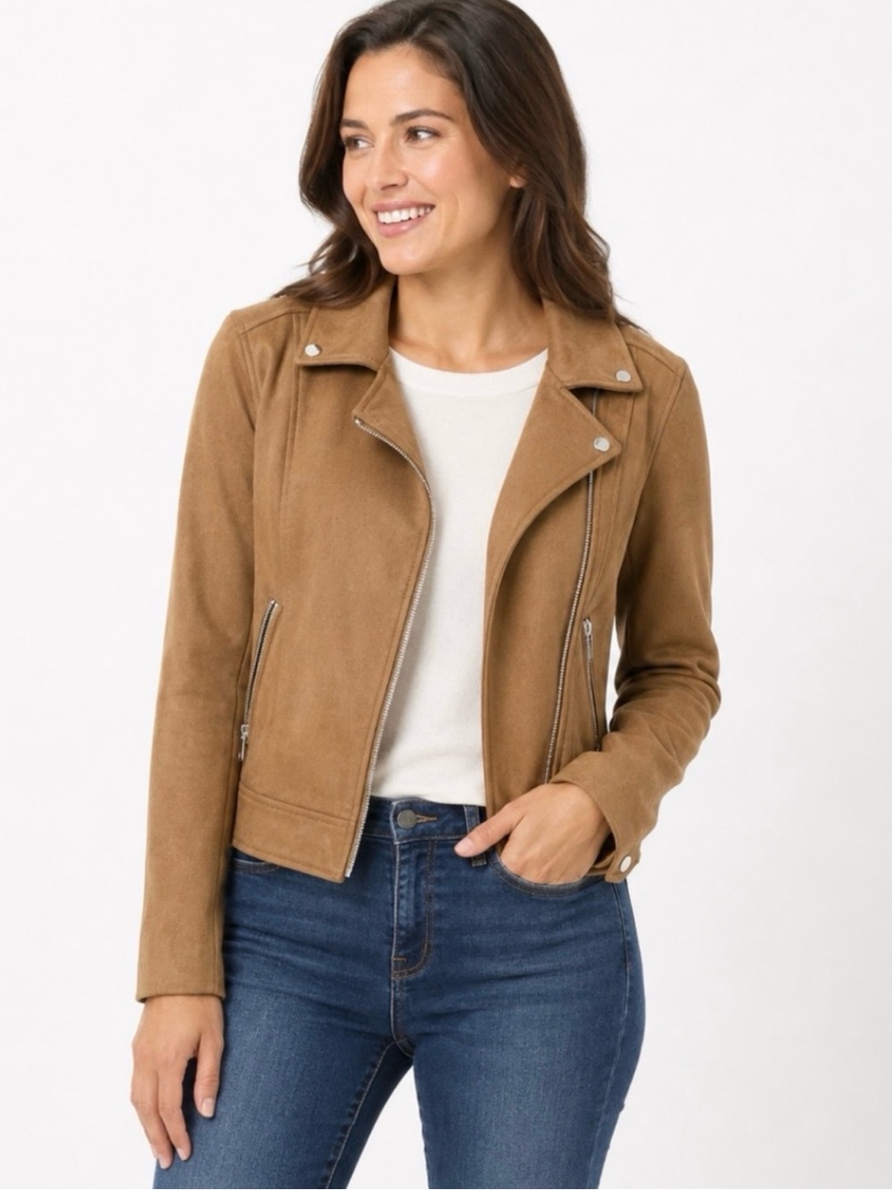 LOFT Brown Soft Faux Suede Zip Front Zip Details Moto Crop Jacket Coat Sz. Large